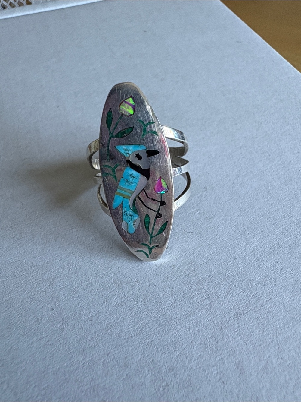 Zuni made Sammy & Esther Guardian size 7 Inlay Blue Jay Sterling Silver Ring